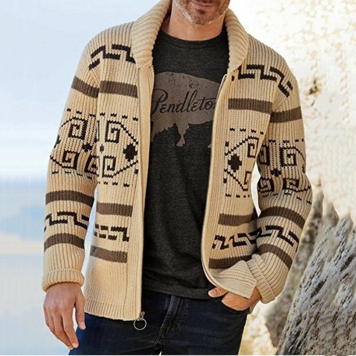 Fashion Men's High Collar Knitted Vintage Design Print Zipper Cardigan Sweaters Coat