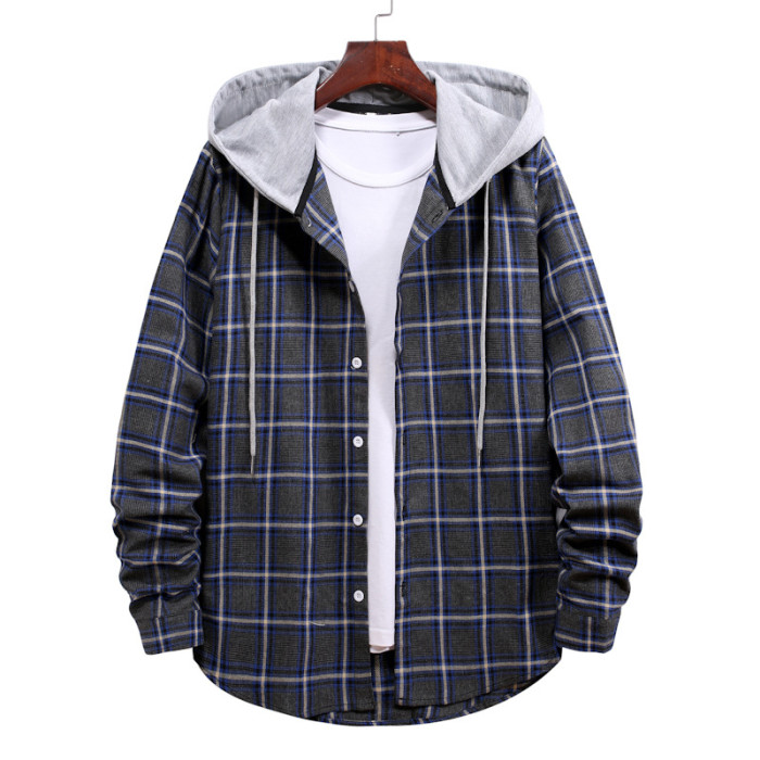 Men Fashion Casual Loose Plaid Hooded Shirts