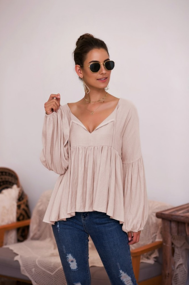 Fashionable Lantern Sleeves Sexy V-Neck Solid Color Casual Loose Strap Blouses