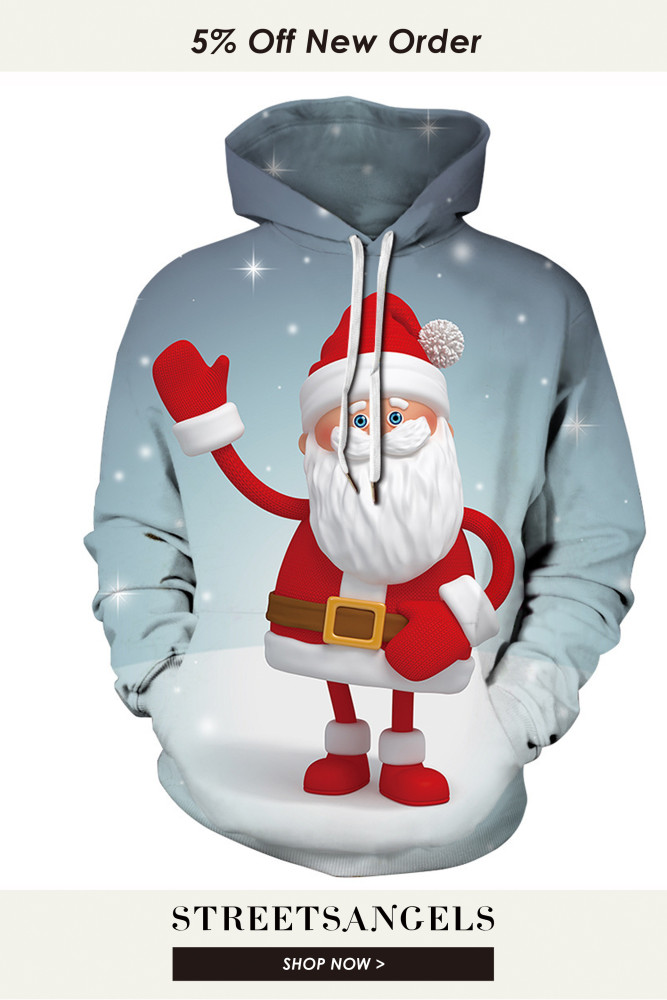 Christmas Digital Printed Long Sleeve Loose Hooded Casual Sweatshirt