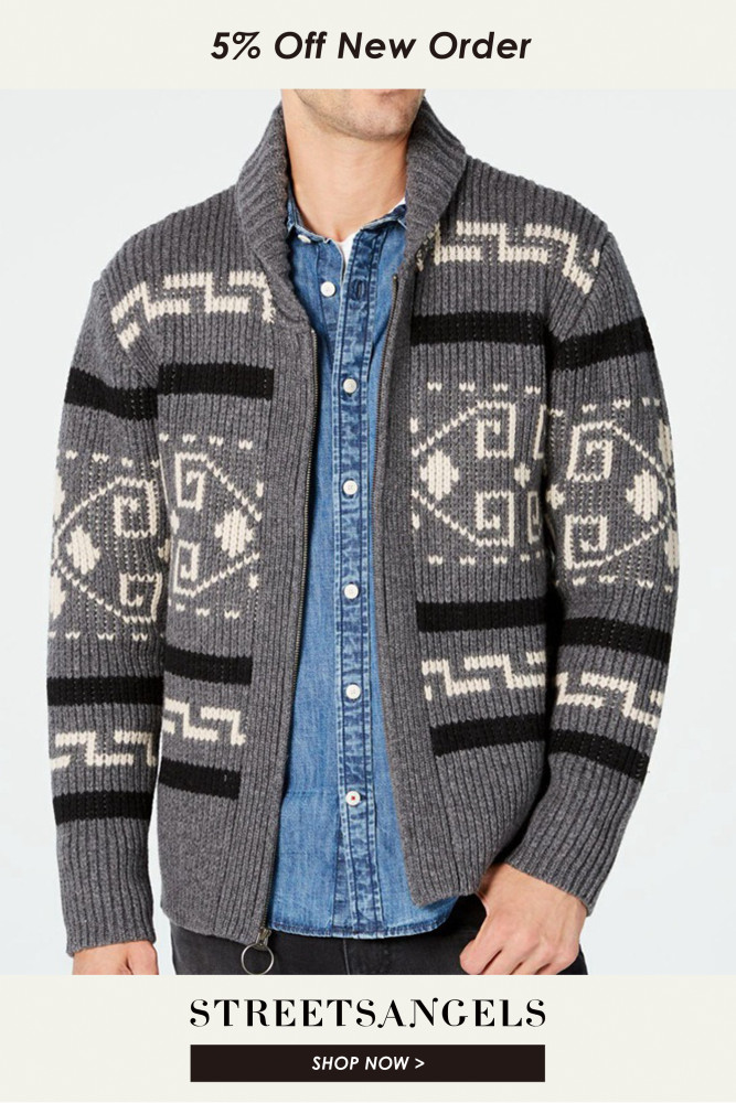 Fashion Men's High Collar Knitted Vintage Design Print Zipper Cardigan Sweaters Coat