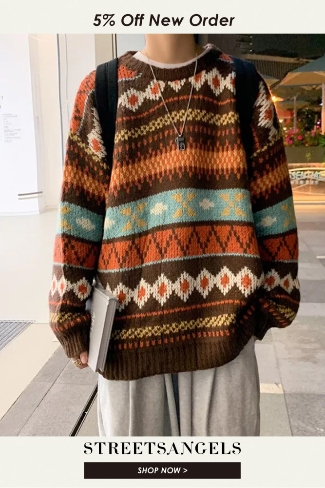 Men's Vintage Crew Neck Geometric Pattern Sweater