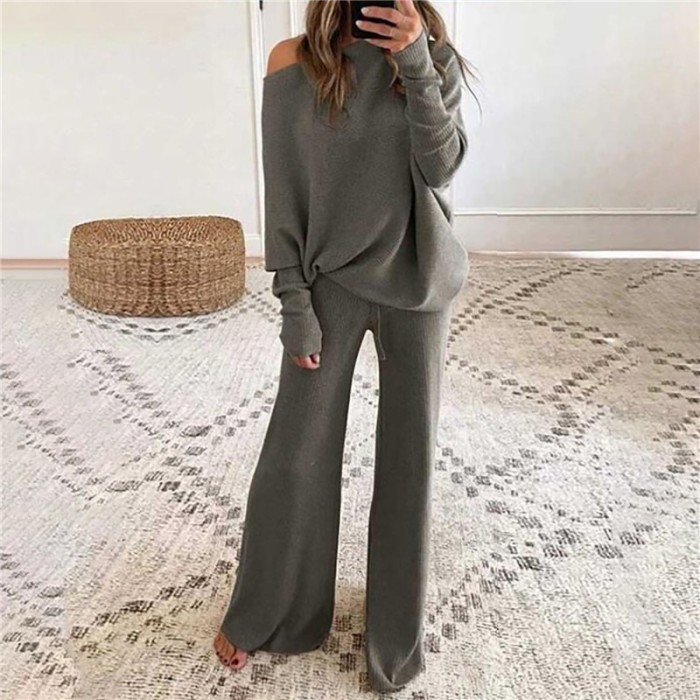 Fashion Knit Solid Color Round Neck Casual Off Shoulder Top Wide Leg Pants Two Pieces