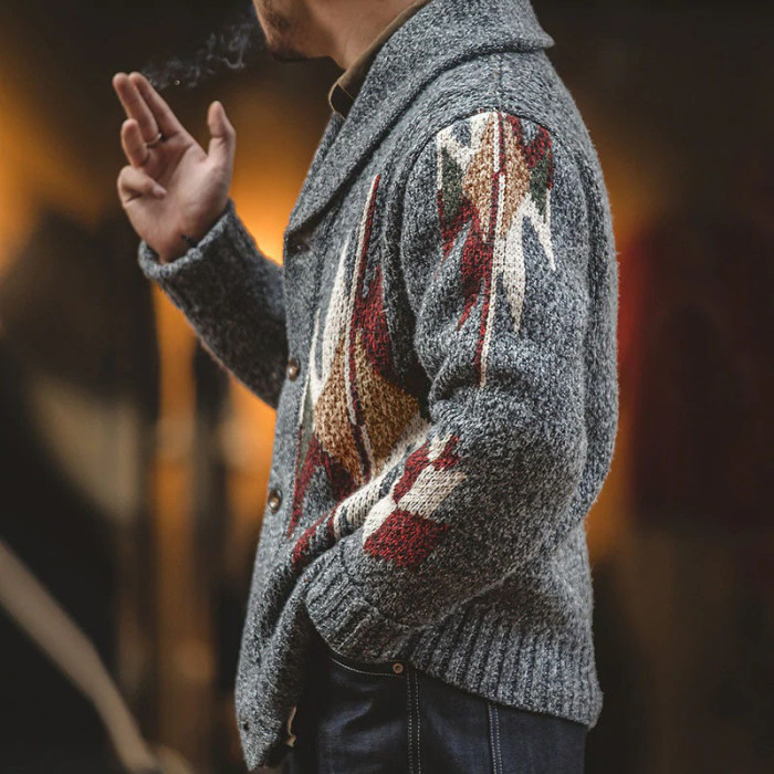 Men's Jacquard Lapel Kintted Casual Sweaters Outerwear