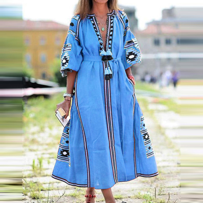Fashion Casual Vintage Loose V Neck Fringe A-Line Print  Midi Dress