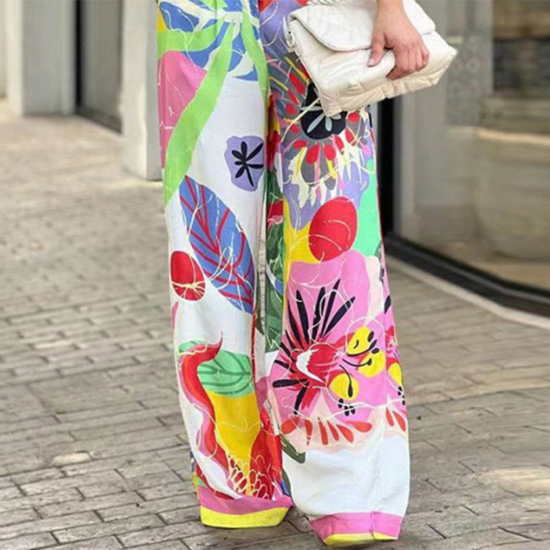 Printed Long Sleeves Buttoned Lapel Blouse + Tied Waist High Waisted Wide Leg Pants Two Pieces Set main image 0