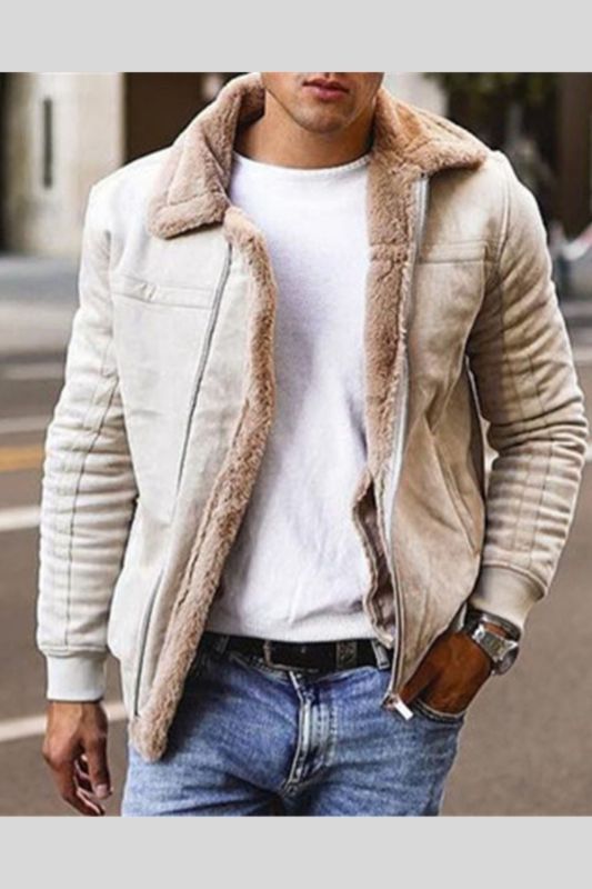 Men's Faux Leather Lapel Fleece Lined Warm Coats