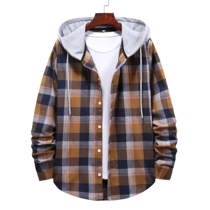 Men Fashion Casual Loose Plaid Hooded Shirts