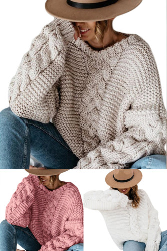 Trendy V-Neck Chunky Braided Solid Casual Loose Sweater Top