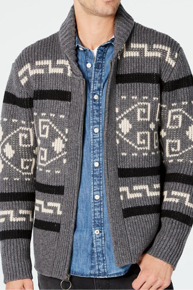 Fashion Men's High Collar Knitted Vintage Design Print Zipper Cardigan Sweaters Coat