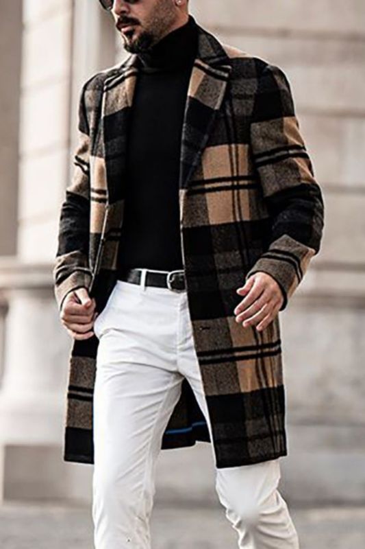 Men's Casual Plaid Slim Fit Mid-Length Coat