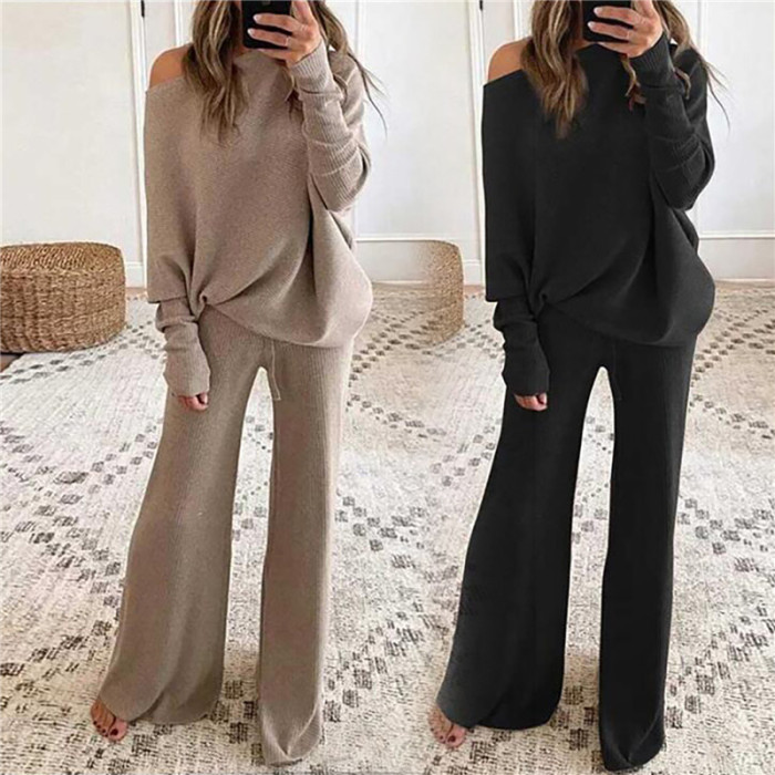 Fashion Knit Solid Color Round Neck Casual Off Shoulder Top Wide Leg Pants Two Pieces