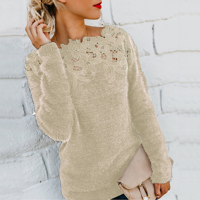 Loose Fashion Solid Color Long Sleeve O Neck Floral Lace Sweater