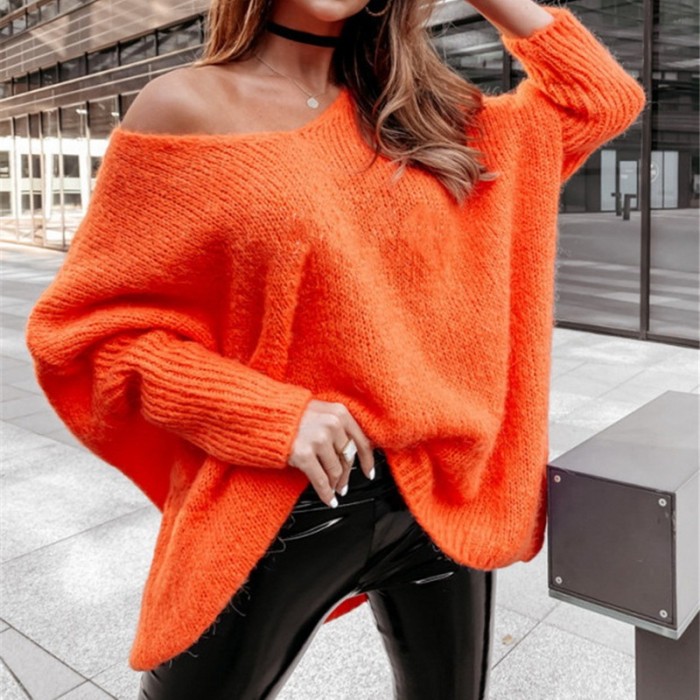 Fashion V-Neck Long Sleeve Loose Doll Sleeves Casual Sexy Off-the-shoulder Sweater