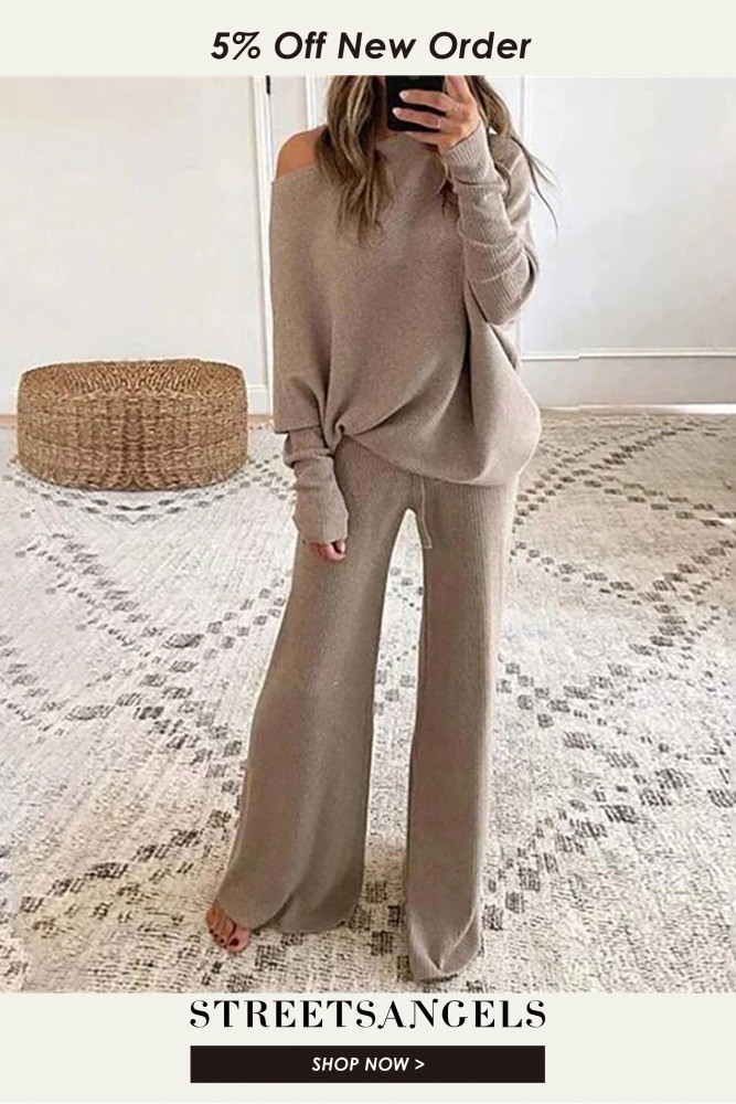 Fashion Knit Solid Color Round Neck Casual Off Shoulder Top Wide Leg Pants Two Pieces