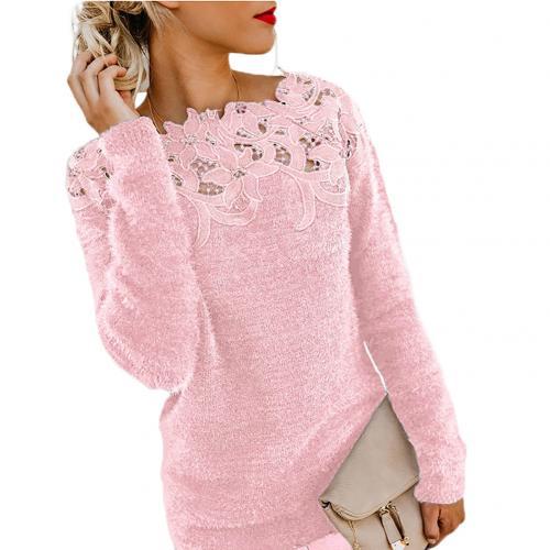 Loose Fashion Solid Color Long Sleeve O Neck Floral Lace Sweater
