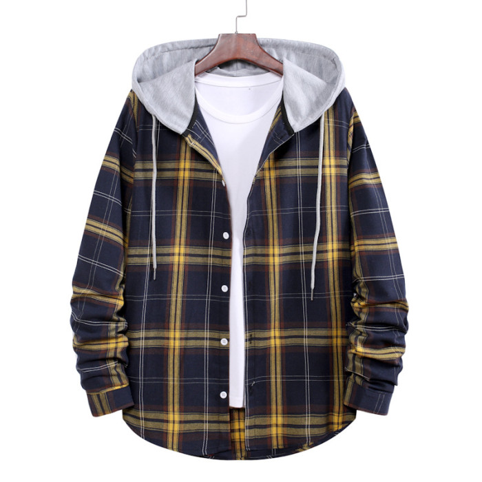 Men Fashion Casual Loose Plaid Hooded Shirts