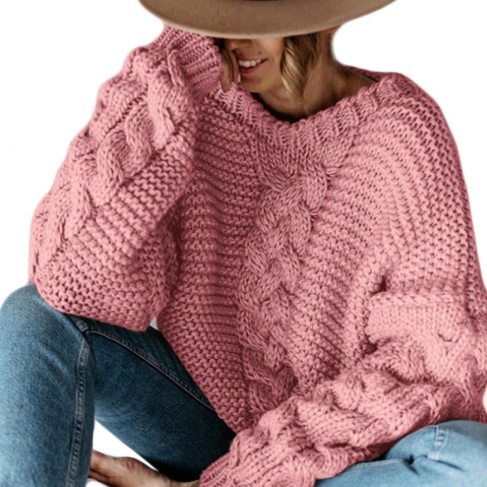 Trendy V-Neck Chunky Braided Solid Casual Loose Sweater Top