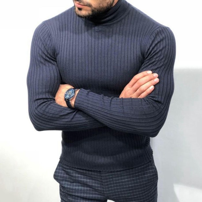 Men's New High-Neck Knitted Trendy Slim Solid Color Pullover Sweaters