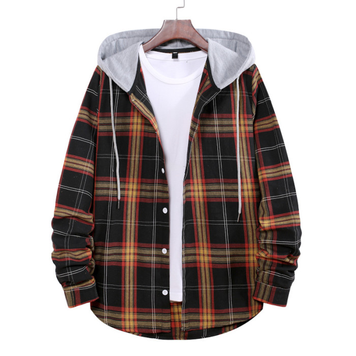 Men Fashion Casual Loose Plaid Hooded Shirts