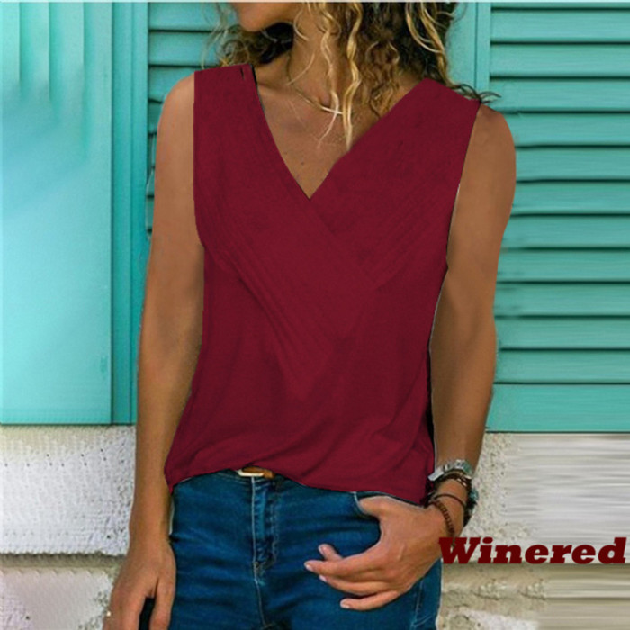 Solid Color V-Neck Casual Loose Sleeveless Tank Top T-Shirt