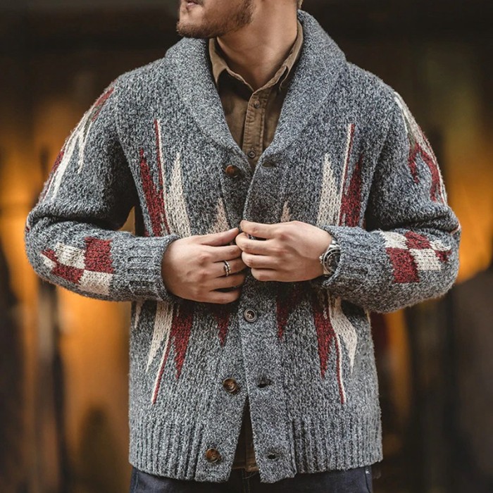 Men's Jacquard Lapel Kintted Casual Sweaters Outerwear