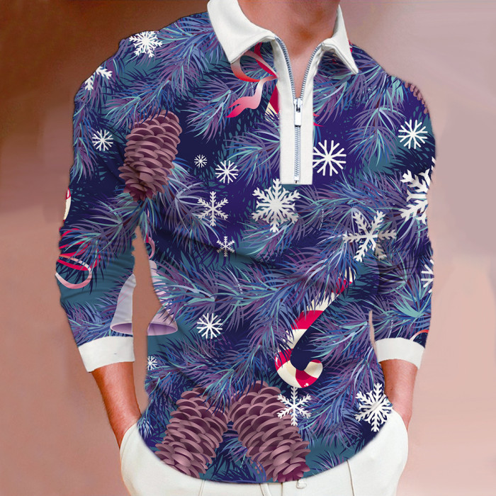Fashion Snowflake Pattern 3D Print Casual Men's Zip Lapel Polo Shirt