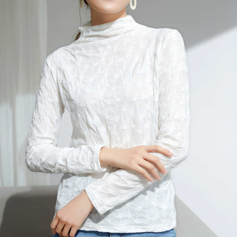 Fashionable Half Turtleneck Pleated Jacquard Lace Slim Fit Bottoming Shirt