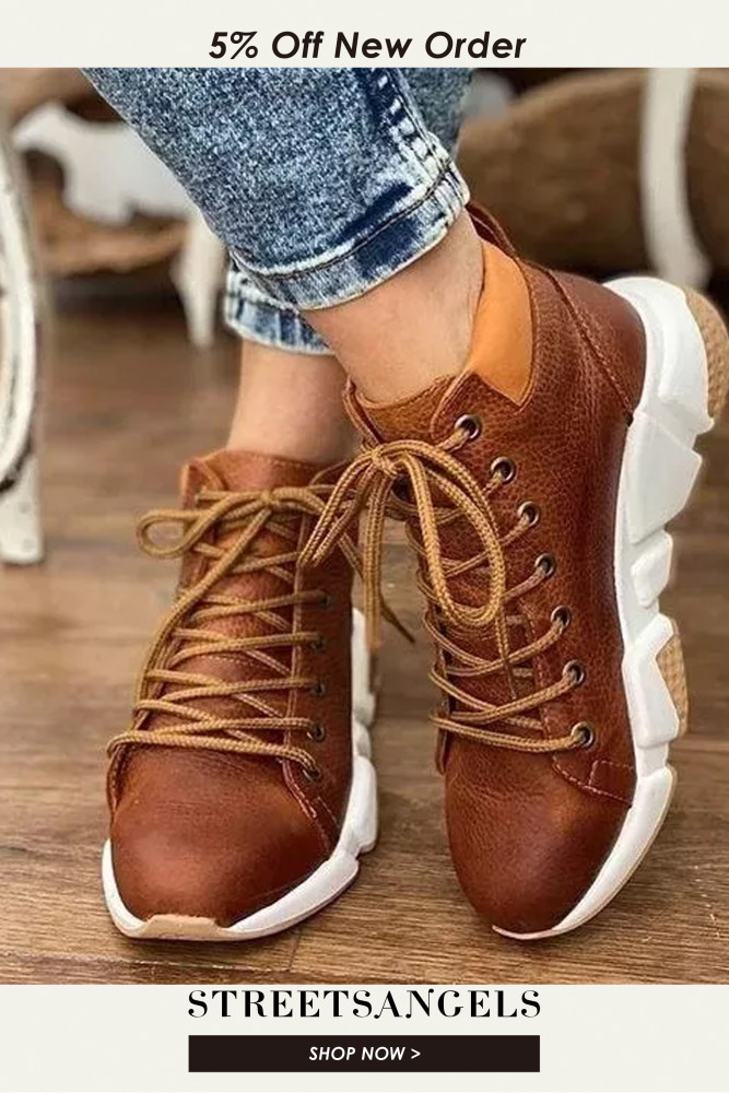 Women Solid Color Round Toe Lace Up Casual Sneakers