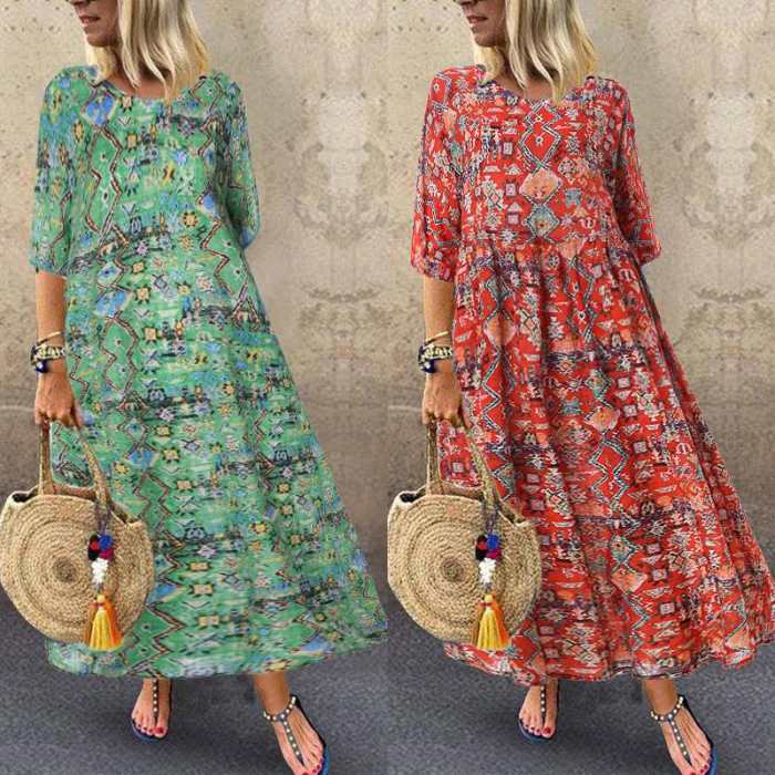 Boho Casual 3/4 Sleeve Vintage Print Party  Maxi Dress