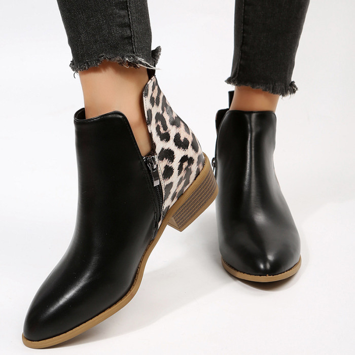 Fashion Vintage Square Heel Side Zip Leopard Print Boots