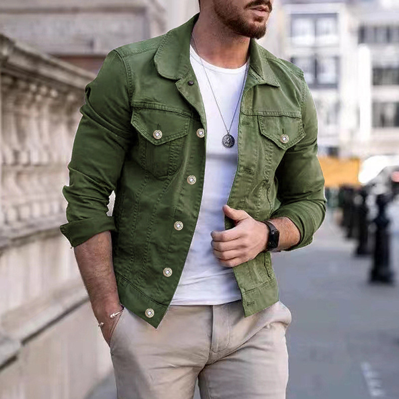 Casual Solid Color Long Sleeve Pocket Fashion Lapel Men's Denim Jacket
