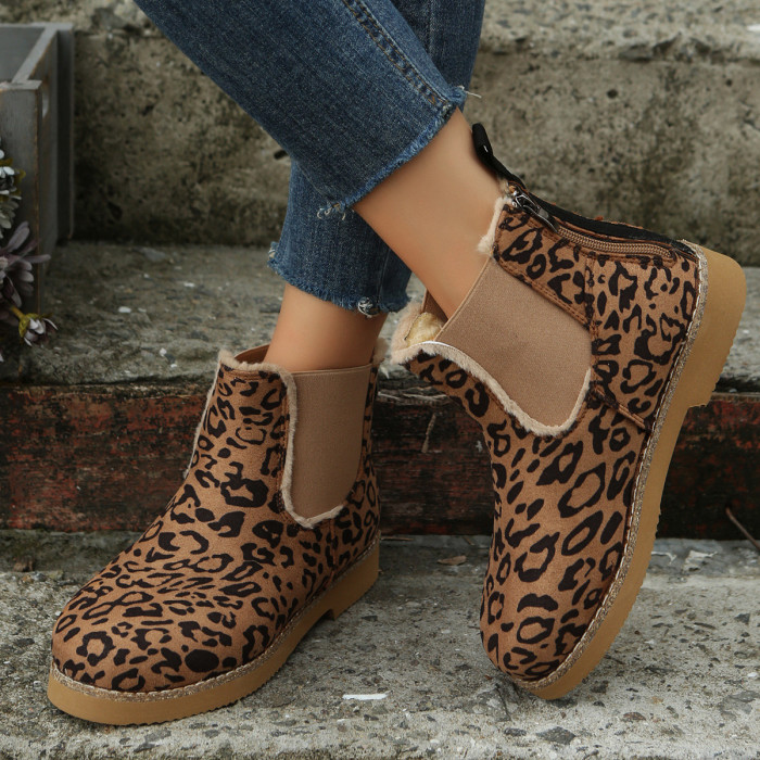 Women Fashion Zipper Up Leopard Print Snow Boots