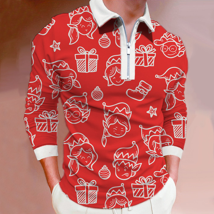 Fashion Snowflake Pattern 3D Print Casual Men's Zip Lapel Polo Shirt
