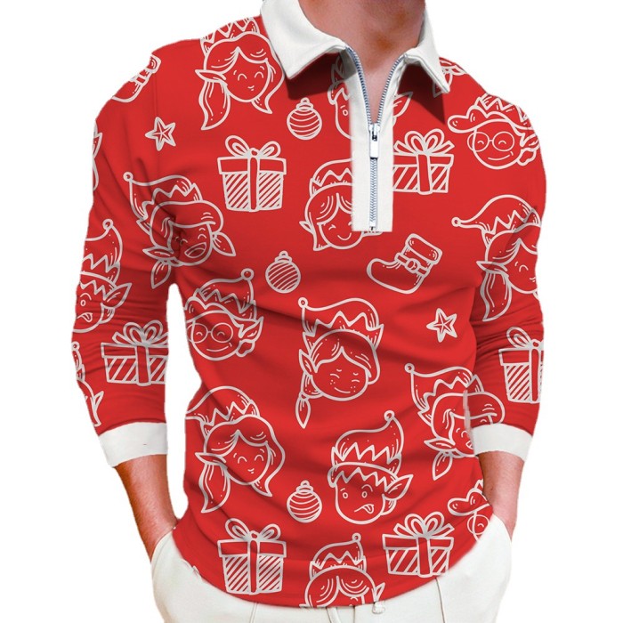 Fashion Snowflake Pattern 3D Print Casual Men's Zip Lapel Polo Shirt