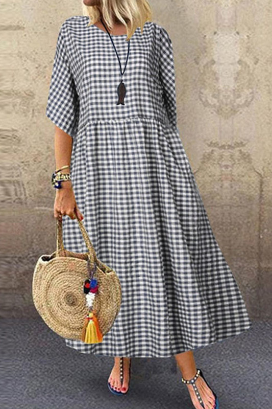 Fashion Plaid Casual Temperament Round Neck Swing  Maxi Dress