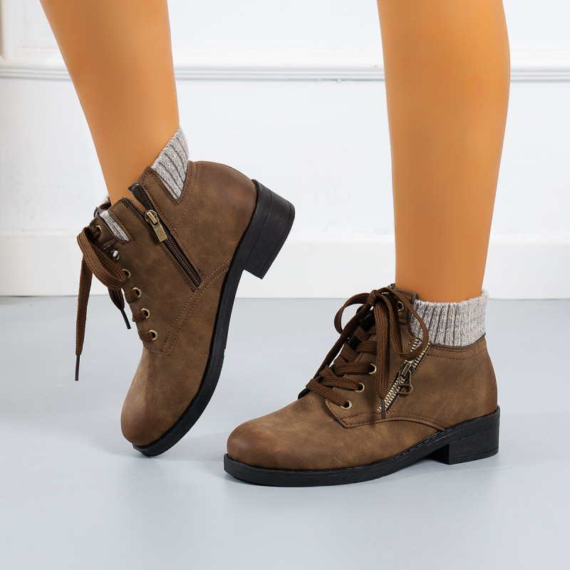 Women Warm Waterproof Round Toe Lace-Up Ankle Boots