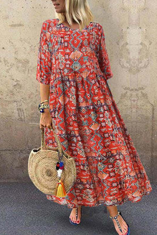 Boho Casual 3/4 Sleeve Vintage Print Party  Maxi Dress