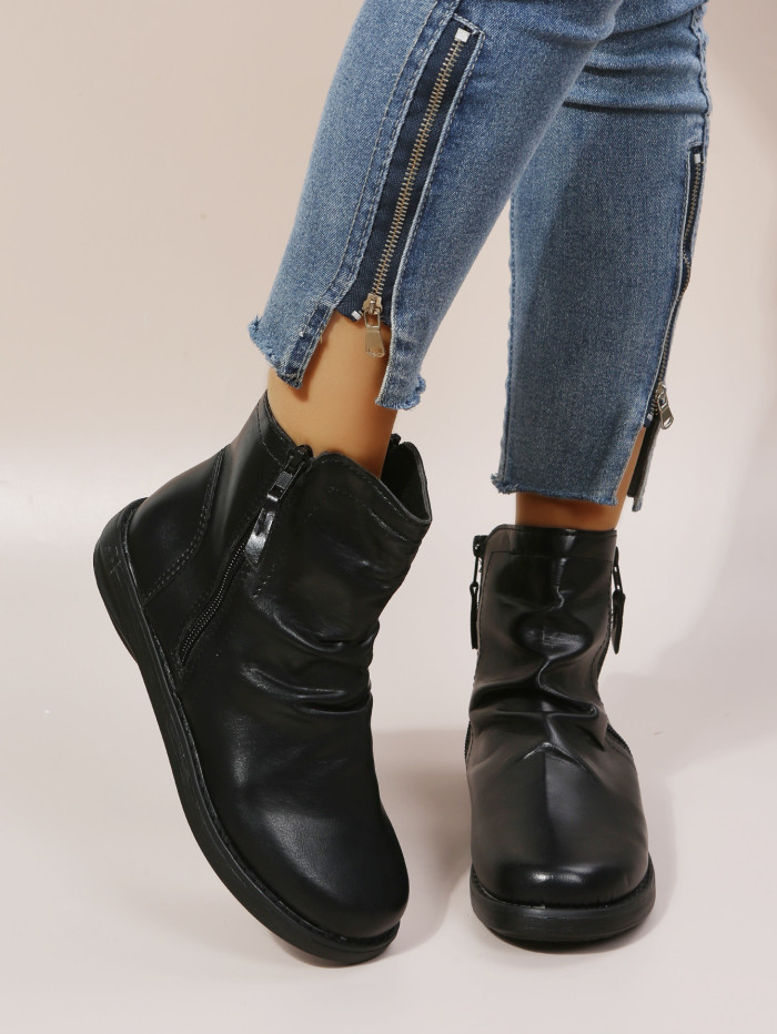 Women Fashion Pleated Side Zipper Flat Ankle Boots