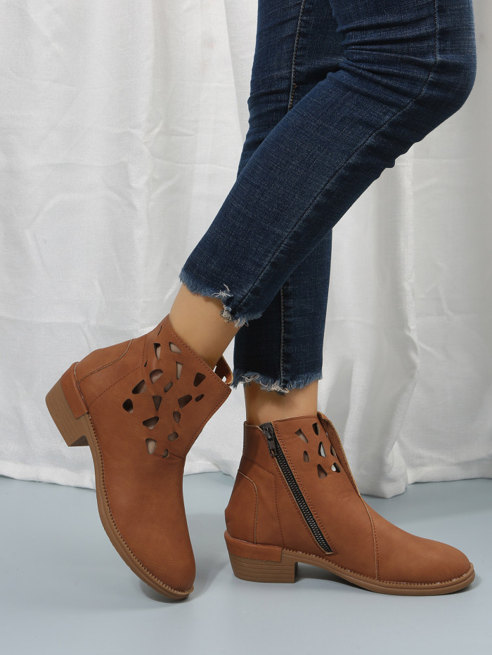 Women Fashion Round Toe Hollow Chunky Heel Ankle Boots