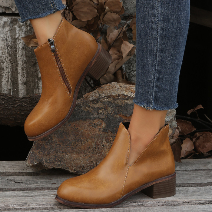 Women's Comfortable Round Toe Square Heel Ankle Boots