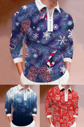 Fashion Snowflake Pattern 3D Print Casual Men's Zip Lapel Polo Shirt