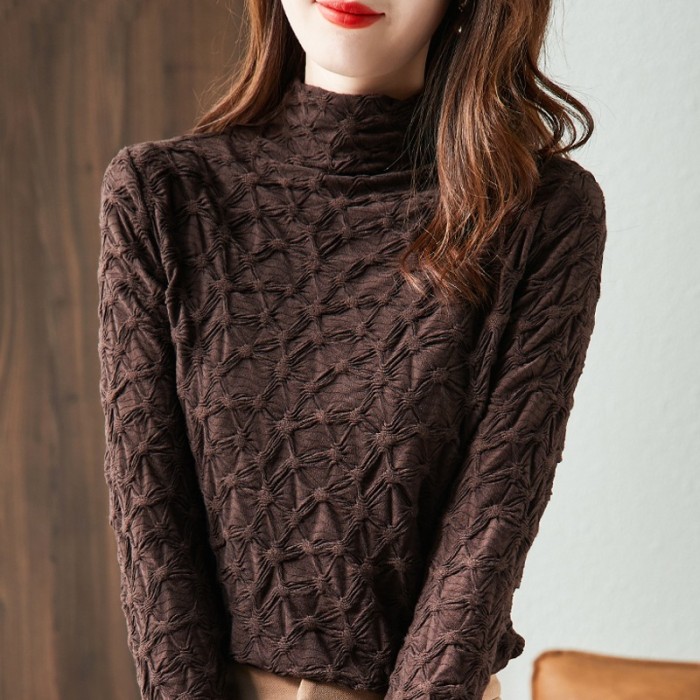 Fashionable Half Turtleneck Pleated Jacquard Lace Slim Fit Bottoming Shirt