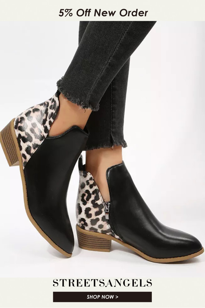 Fashion Vintage Square Heel Side Zip Leopard Print Boots