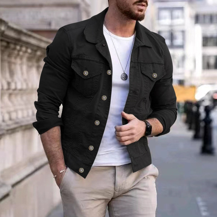Casual Solid Color Long Sleeve Pocket Fashion Lapel Men's Denim Jacket