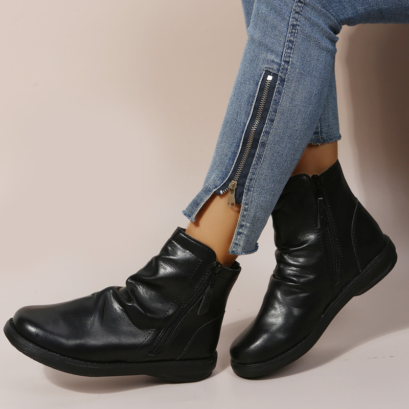 Women Fashion Pleated Side Zipper Flat Ankle Boots