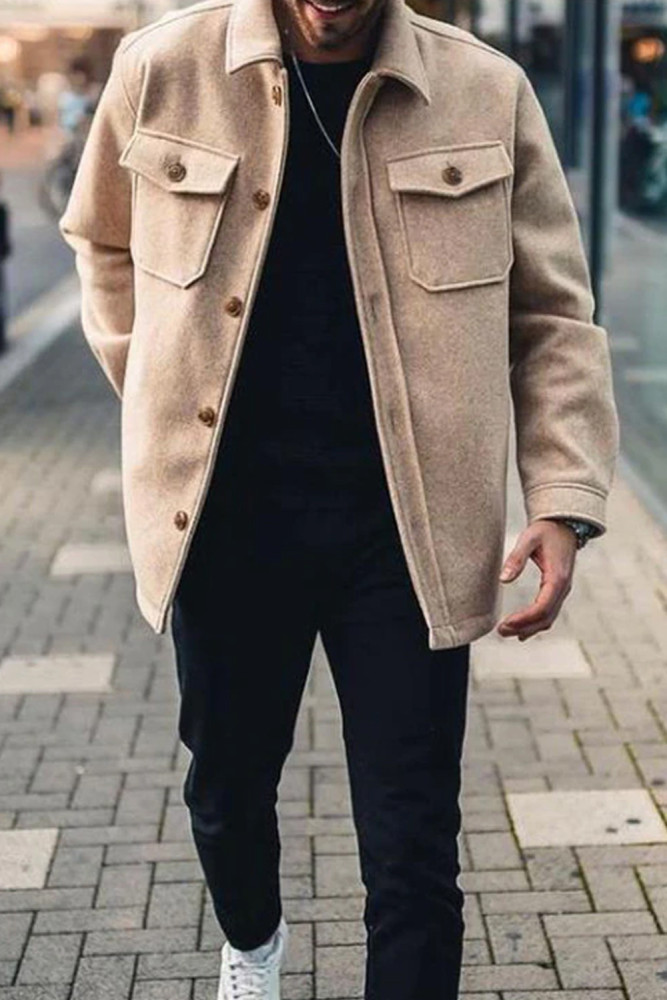 Men's Jacket Fashion Solid Color Long Sleeve Button Lapel Casual Coat