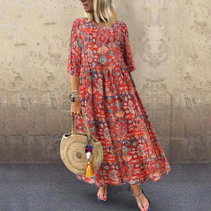 Boho Casual 3/4 Sleeve Vintage Print Party  Maxi Dress