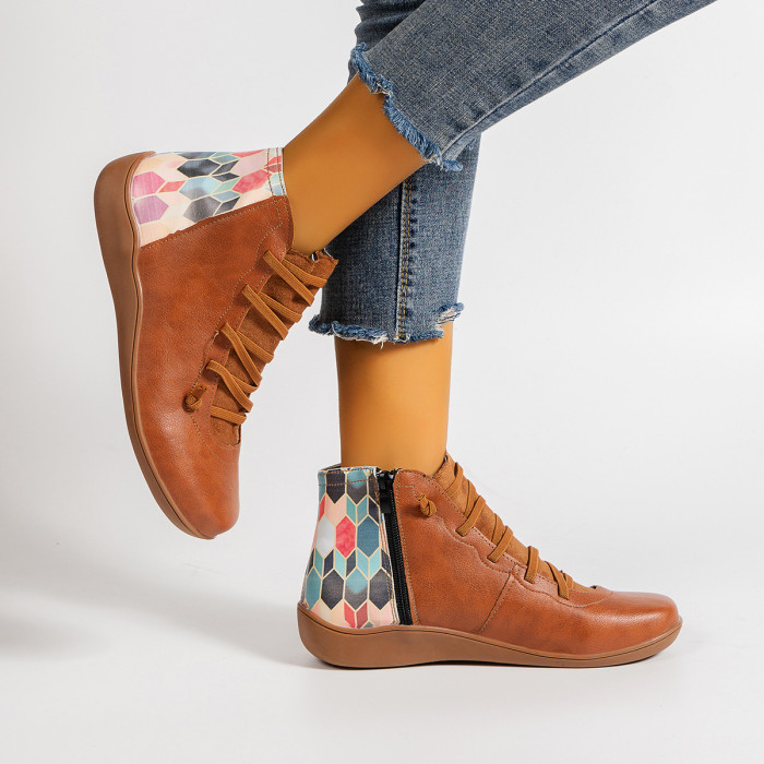 Retro Leather Flat Lace Up Mixed Color Ankle Boots