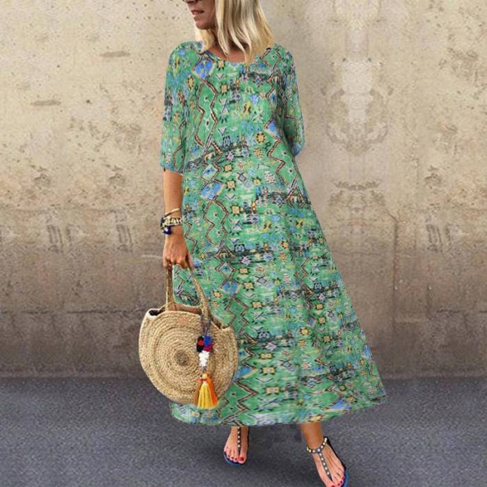 Boho Casual 3/4 Sleeve Vintage Print Party  Maxi Dress